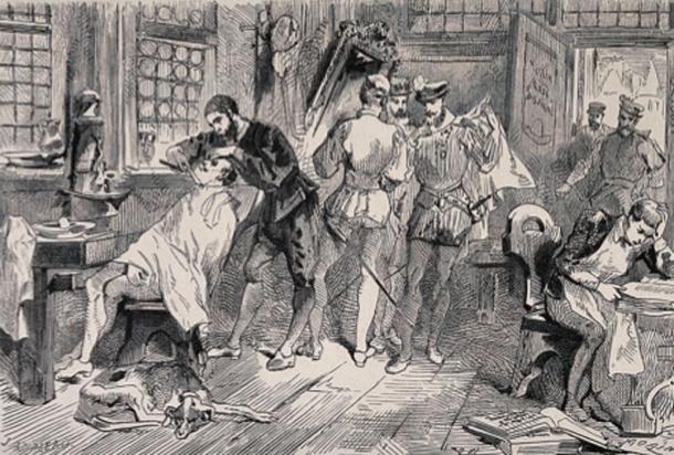 Ambroise Paré, as an apprentice barber-surgeon in a busy shop in Paris. Wood engraving by E. Morin after J. Ansseau. (Wellcome Images/CC BY 4.0)