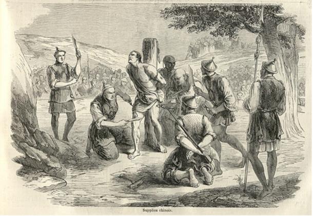 An 1858 illustration from the French newspaper Le Monde illustré, of the Lingchi execution of a French missionary, Auguste Chapdelaine, in China 