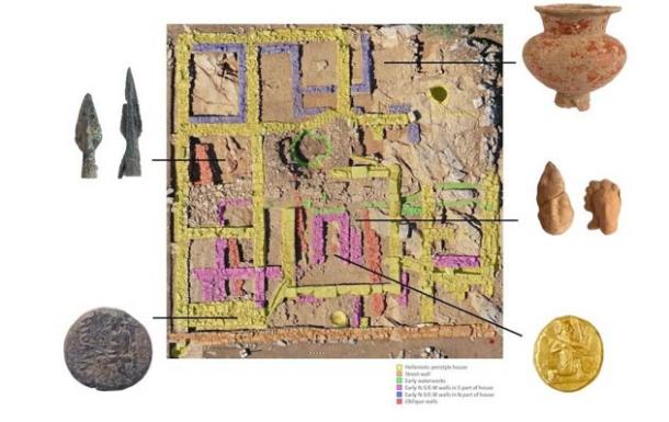 An aerial view of the house shows the locations of the coins as well as other artifacts, including pottery shards. (Image credit: Notion Archaeological Project)
