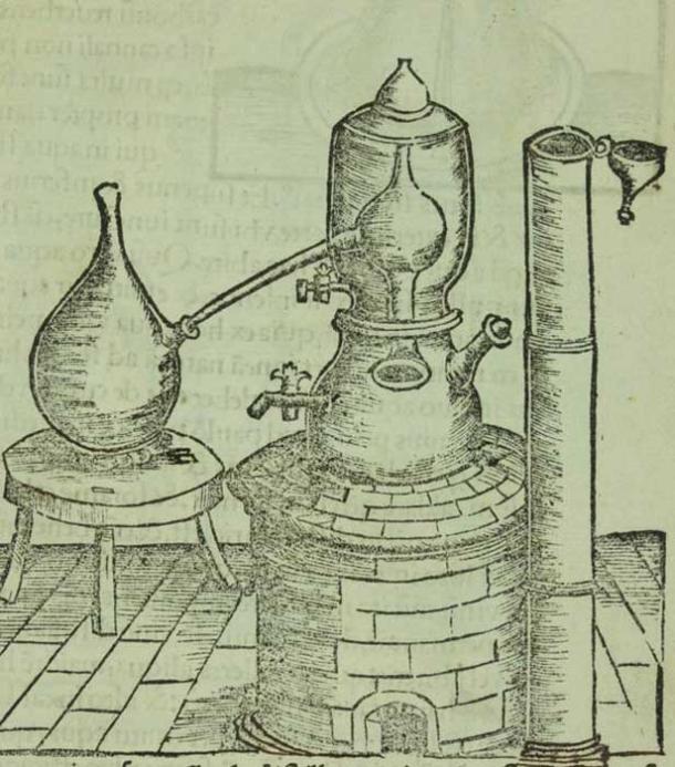An alchemical balneum Mariae, or Maria’s bath (named for the inventor, alchemist Mary the Jewess), essentially a double boiler. 1528. ( Public Domain )
