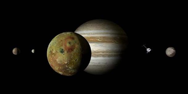 An artistic representation of Jupiter and its moons. (CC0)