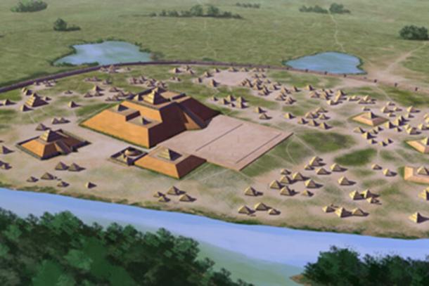 An artist's conception of the Etowah site, 9BR1, a Mississippian culture archaeological site located on the banks of the Etowah River in Bartow County, Georgia. Built and occupied in three phases, from 1000–1550 AD. (Herb Roe / CC BY-SA 4.0)