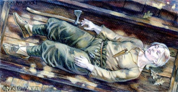 An artist's reconstruction of the burial site in Denmark where archaeologists found the remains of a woman warrior with an axe from the South Baltic region. (Mirosław Kuźma / Fair Use)