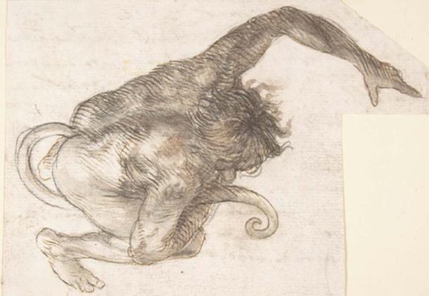 An illustration depicting a human-like creature with a tail (public domain)