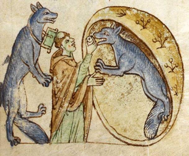 An illustration from ‘Topographia Hiberniae’ depicting the story of a traveling priest who meets and communes a pair of good werewolves from the kingdom of Ossory.