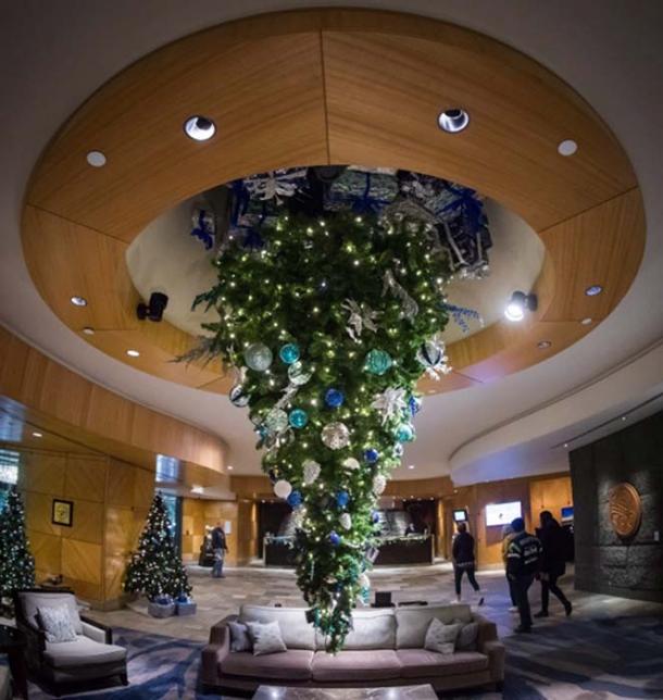An upside-down Christmas tree is suspended from the ceiling at the Fairmont Vancouver Airport hotel in Richmond, B.C