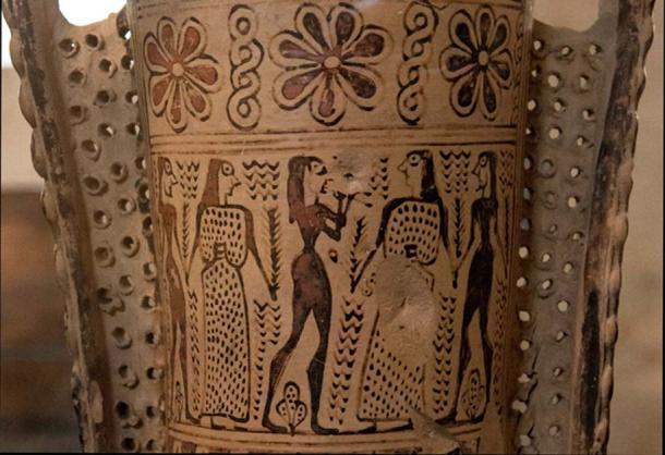 Analatos Painter: Couples dancing to the sound of the aulos. Neck of a proto-Attic loutrophoros.