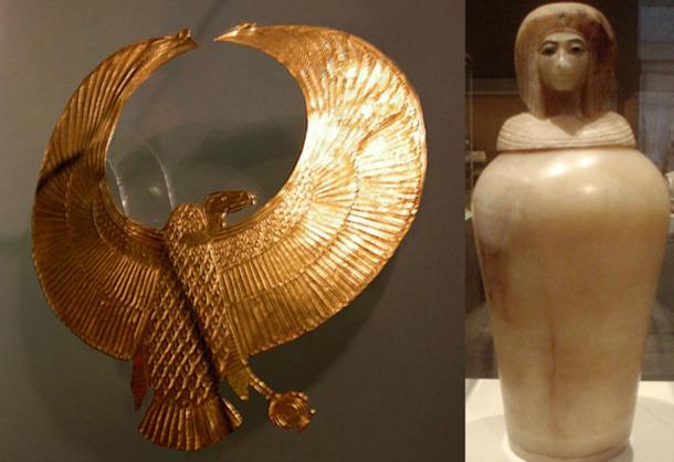 Ancient Egyptian royal vulture pectoral and an Egyptian alabaster canopic Jar depicting a likeness of an Amarna-era Queen, from tomb KV55