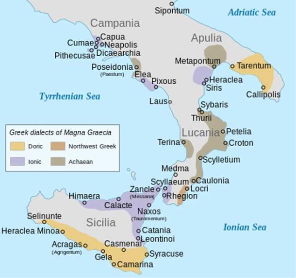 Ancient Greek colonies and their dialect groupings in Southern Italy (Magna Graecia).