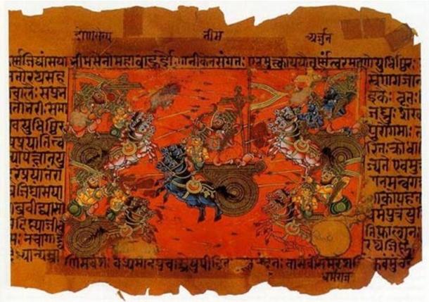Ancient Hindu texts describe great battles taking place and an unknown weapon that causes great destruction. A manuscript illustration of the battle of Kurukshetra, recorded in the Mahabharata.  