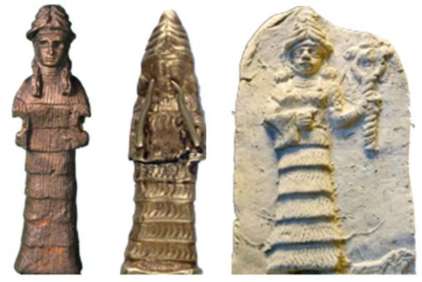 Ancient artists deified Ham’s wife, the Cainite princess Naamah (Genesis 4:22), identifying her with the mountain upon which she landed in the ark. In these ancient images, she wears a mountain hat and her special dress is flounced and tiered, representing sections of the escarpment on the mountain. Naamah’s image to the right holds the staff of the two-headed serpent symbolizing the serpent’s rule before the Flood, and now, because of her Cainite dedication, the serpent’s rule resumed in the post-Flood world. (Author supplied).