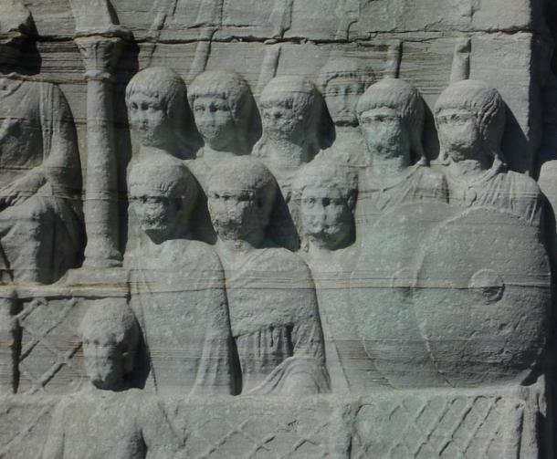Ancient carving of Roman soldiers on the base of Theodosius I's obelisk in Constantinople (c. 390). The troops belong to a regiment of palatini as they are here detailed to guard the emperor
