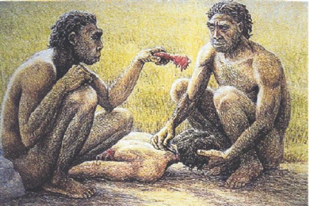 Ancient humans eating raw meat.