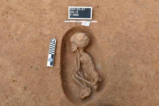 Se desenterró una antigua tumba funeraria con restos humanos en el sitio arqueológico de Koum el-Khulgan en la provincia de Dakahlia en el delta del Nilo. (Ministerio de Turismo y Antigüedades de Egipto)