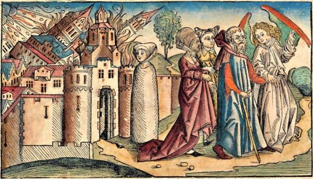 Angels guide Lot and his family out of Sodom while his wife is turned into a pillar of salt for watching the destruction of the city