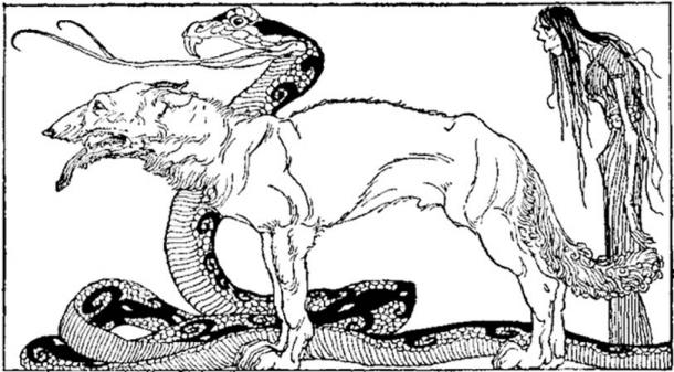 Angerboda’s and Loki’s offspring: The Fenris Wolf, the Midgard Serpent and Hel – all having a central role during the events of Ragnarok. (Illustration: Willy Pogany, 1920).