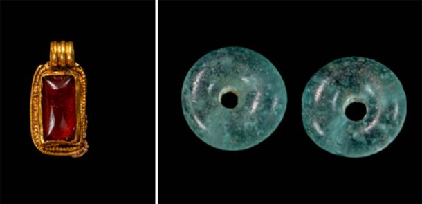 Left; Anglo-Saxon Gold pendant with garnet stone. Right; Donut shaped translucent light turquoise beads. (© Wessex Archaeology)