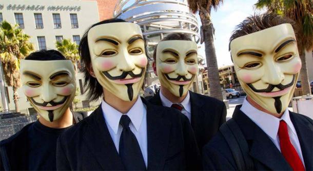 Anonymous protesters wearing Guy Fawkes masks during a 2008 Los Angeles rally against Scientology. (Vincent Diamante / CC BY-SA 2.0)