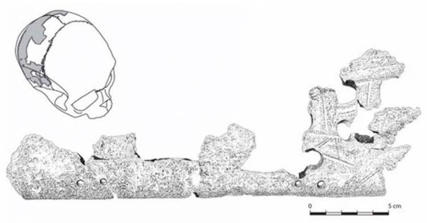 Another portion of the Pacbitun trophy skull. Drawing by Shawn Morton, CC BY-ND