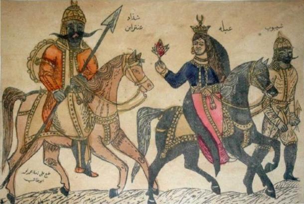 Antarah ibn Shaddad (left) and his lover Abla (middle) riding horses. ( Public Domain )