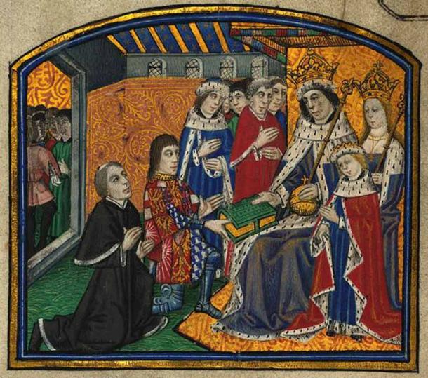 Anthony Woodville arrodillado, segundo desde la izquierda, y William Caxton vestido de negro presentando el primer libro impreso en inglés al rey Eduardo IV y a la hermana de Woodville, la reina Isabel. (Artista medieval / Dominio público)