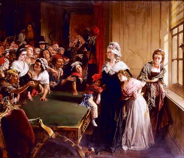 María Antonieta con sus hijos, Louis-Charles y Marie-Thérèse, frente a la multitud en junio de 1792. (Dominio público)