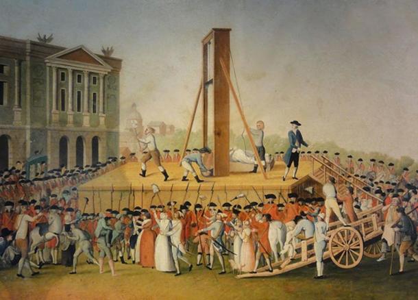 Marie Antoinette's execution on 16 October 1793: Sanson, the executioner, showing Marie Antoinette's head to the people. (Anonymous, 1793. Musée Carnavalet, Paris)