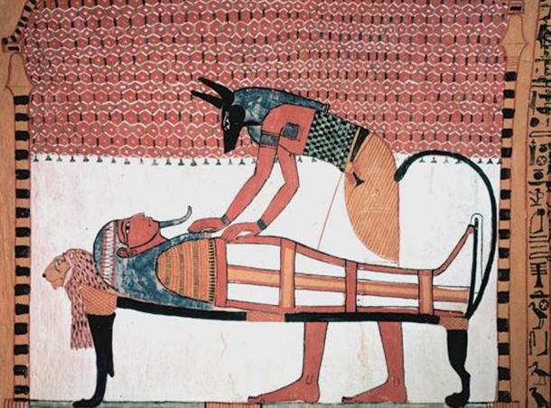 Anubi, an important funerary god in Asyut where Hataon was found, is depicted in this ancient painting attending a mummy.