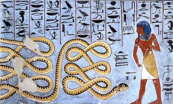 Apep, o Aphophis, era el dios del caos, representado en el arte egipcio antiguo como una serpiente gigante, como se ve en este ejemplo de la tumba de Ramsés I. (Dominio público)