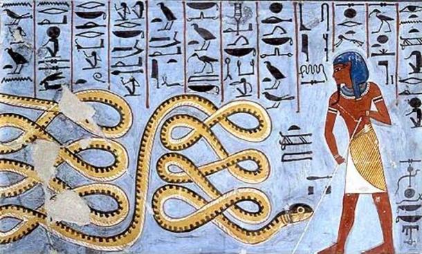 Apep, or Aphophis, was the god of chaos, depicted in ancient Egyptian art as a giant serpent as can be seen in this example from the tomb of Ramses I. (Public domain)