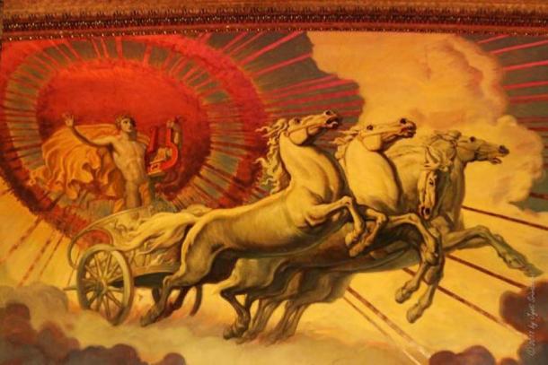 Apollon vetää aurinkoa kultaisilla vaunuillaan. (Kreikkalaisen mytologian Wiki)