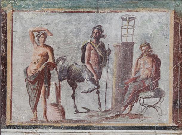 From left to right: Apollo (of the Apollo Lykeios type), Chiron, and Asclepius. (Public Domain)