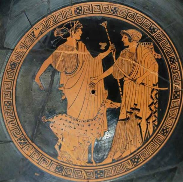 Apollo and Artemis on a Greek cup from about 470 BC. Apollo, who was the Archer, is on the left. Artemis, the huntress, is shown with the bow. (Briseis Painter/Public domain)