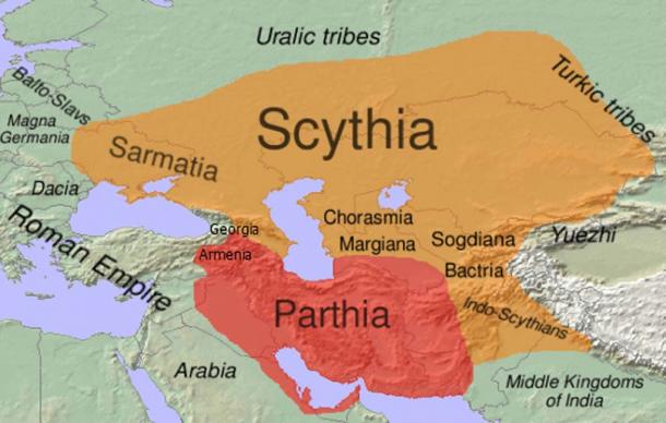 Approximate extent of Scythia within the area of distribution of Eastern Iranian languages (shown in orange) in the 1st century BC. (CC BY-SA 3.0)