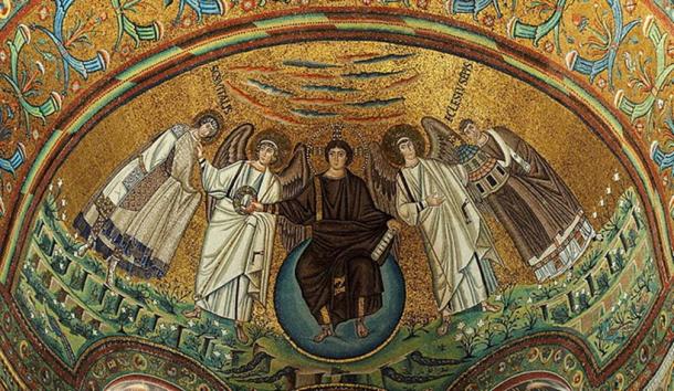 Apse mosaic in the basilica of San Vitale, Ravenna, Italy. Built 547 AD and a UNESCO World heritage site. On the mosaic from the left side: St. Vitalis, an archangel, Jesus Christ, a second archangel, and Bishop of Ravenna Ecclesius. (Petar Milošević/CC BY SA 4.0)