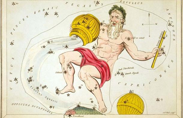 “Aquarius, Piscis Australis & Ballon Aerostatique”, plate 26 in Urania's Mirror, a set of celestial cards accompanied by A familiar treatise on astronomy ... by Jehoshaphat Aspin. London. Astronomical chart, 1 print on layered paper board: etching, hand-colored. (Public Domain)