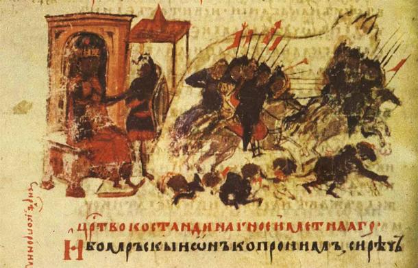 When the Arabs attacked Constantinople, the Bulgars under Khan Tervel of Bulgaria forced them to abandon their siege. Scene from the Manasses Chronicle. (Public domain)