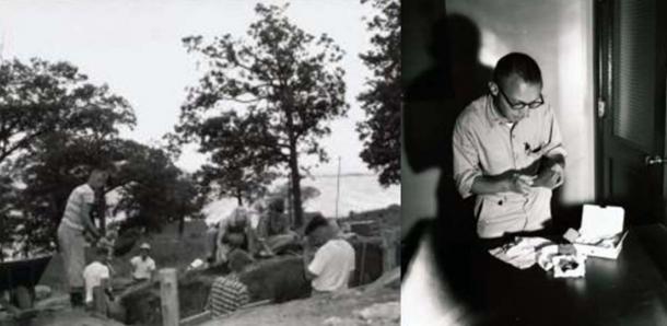 Archaeologist Richard Johnston excavating and examining artifacts from the Serpent Mound in 1957.