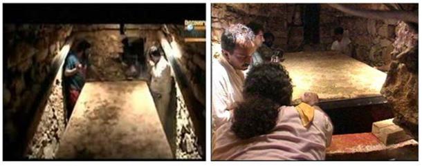Archaeologists Arnoldo Gonzalez Cruz and Fanny Lopez Jimenez in vault of Red Queen's crypt and opening sarcophagus lid.  Image: INAH