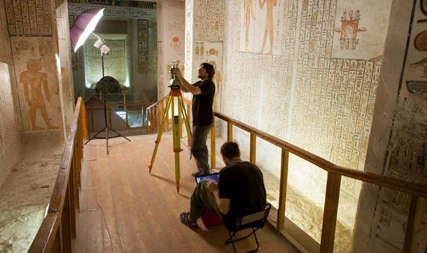 Archaeologists from Poland document the walls of the tomb of Ramesses VI. 