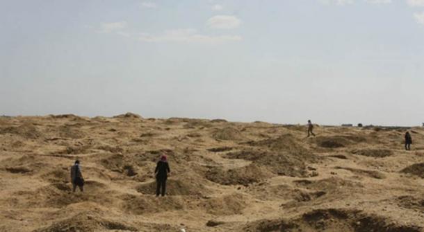 Archaeologists survey damage caused by looters at Abu Sir el-Malaq, Egypt. 