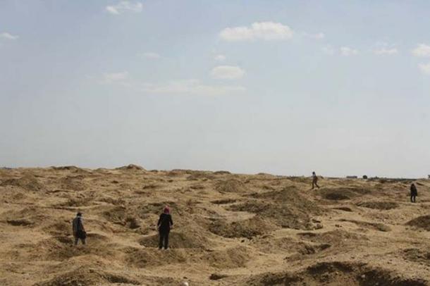 Archaeologists survey damage caused by looters at Abu Sir el-Malaq, Egypt.
