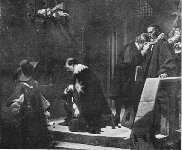 Archbishop Laud gives his blessing to Thomas Wentworth, Earl of Strafford, from the picture by Paul Delaroche, in More Pictures of British History by E.L.Hoskyn, A & C Black. (Public Domain)
