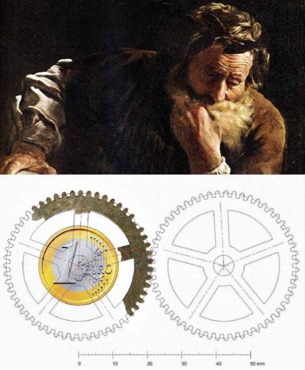 Top: Archimedes Thoughtful by Fetti, 1620 (public domain). Bottom: illustration of the Olbia gear