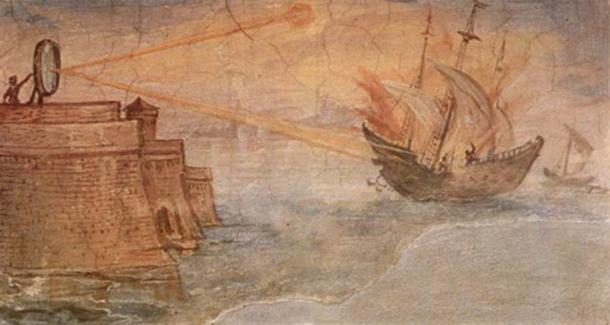 A depiction of how Archimedes set on fire the Roman ships before Syracuse with the help of parabolic mirrors.