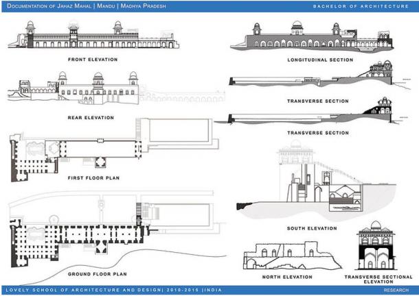 Architectural plans of the Jahaz Mahal, Mandu, India 