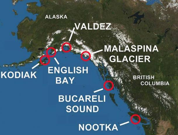 Areas of Alaska and British Columbia Explored by Spain.