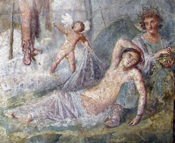 Η Αριάδνη κοιμάται στο πλευρό του Ύπνου, λεπτομέρεια από αρχαίο πίνακα στην Πομπηία.  Ο Ύπνος ήταν γιος του Νίξ και του ζήτησε δύο φορές η Ήρα να κοιμίσει τον Δία.  (Sylco, CC BY-SA 3.0)