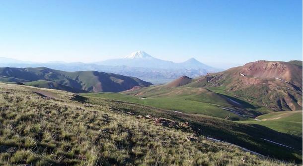 A view of the mountains in the Armenian plateau at the Turkey-Iran border. In the center background is Mount Ararat.
