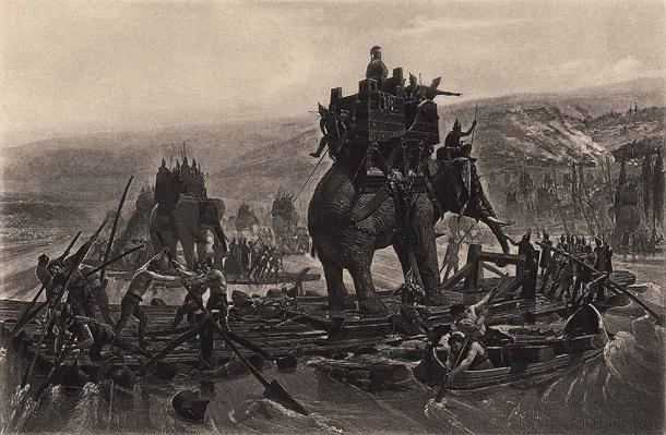 Hannibal's Army Crossing the Rhone, Henri Paul Motte, 1878, featuring Hannibal’s elephants. (Public domain)